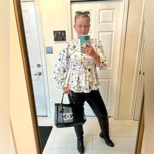 Boutique abstract music notes embroidered belted blouse M